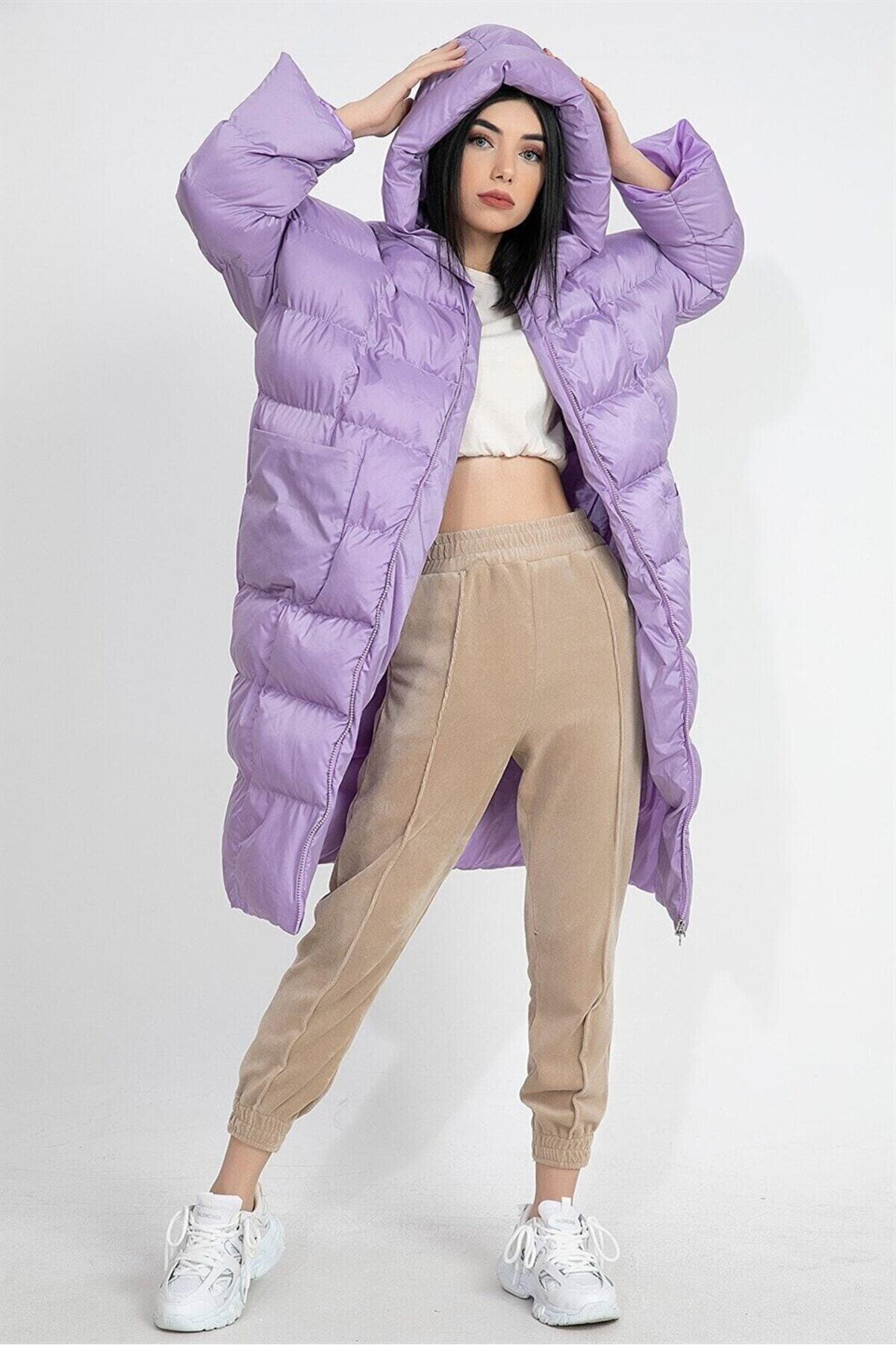 Women's Lilac Hooded Inflatable Long Oversized Jacket Tg3, one size