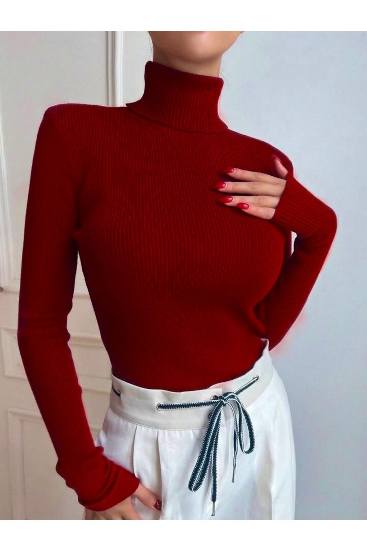 Buteks Unisex Blood Red Premium Cotton Turtleneck Camisole Ribbed Slimfit Turtleneck Sweater Trendyol
