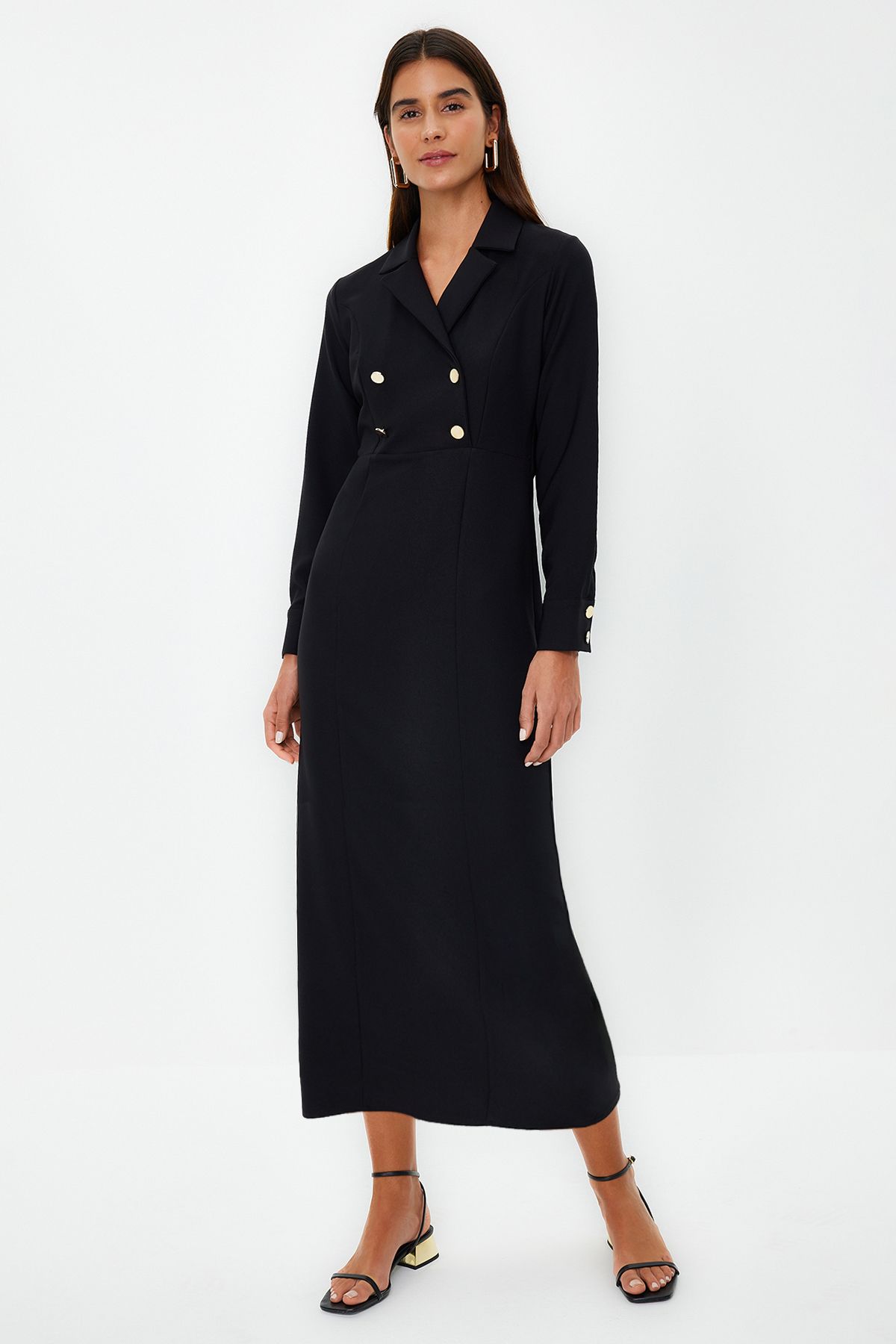 Trendyol Modest-Schwarzes, zweireihiges, gewebtes Kleid mit Kragen und Knöpfen TCTSS24EB00020 3