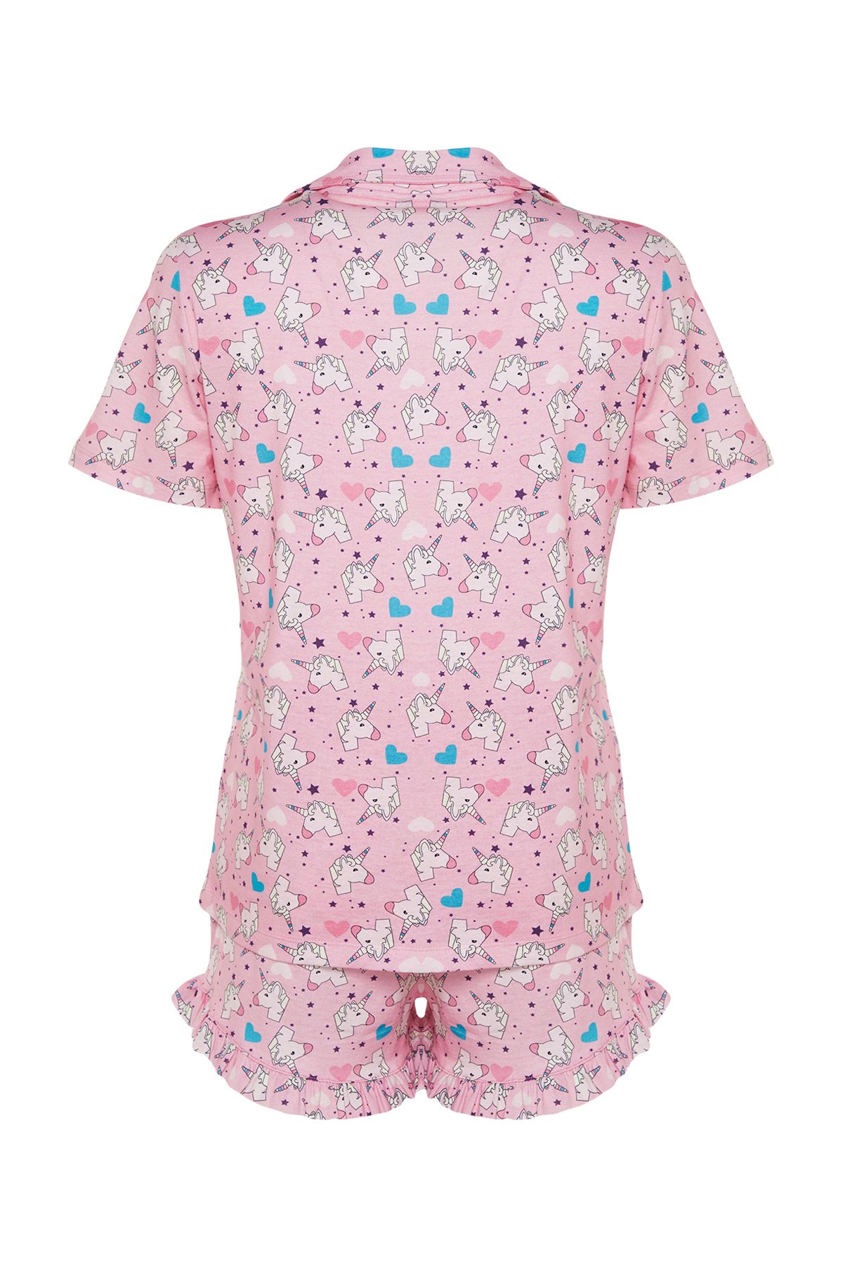 Trendyol Collection-THMSS22PT0483 - Pyžamový set s růžovým vzorem 100% bavlna s volánky a šortkami 8