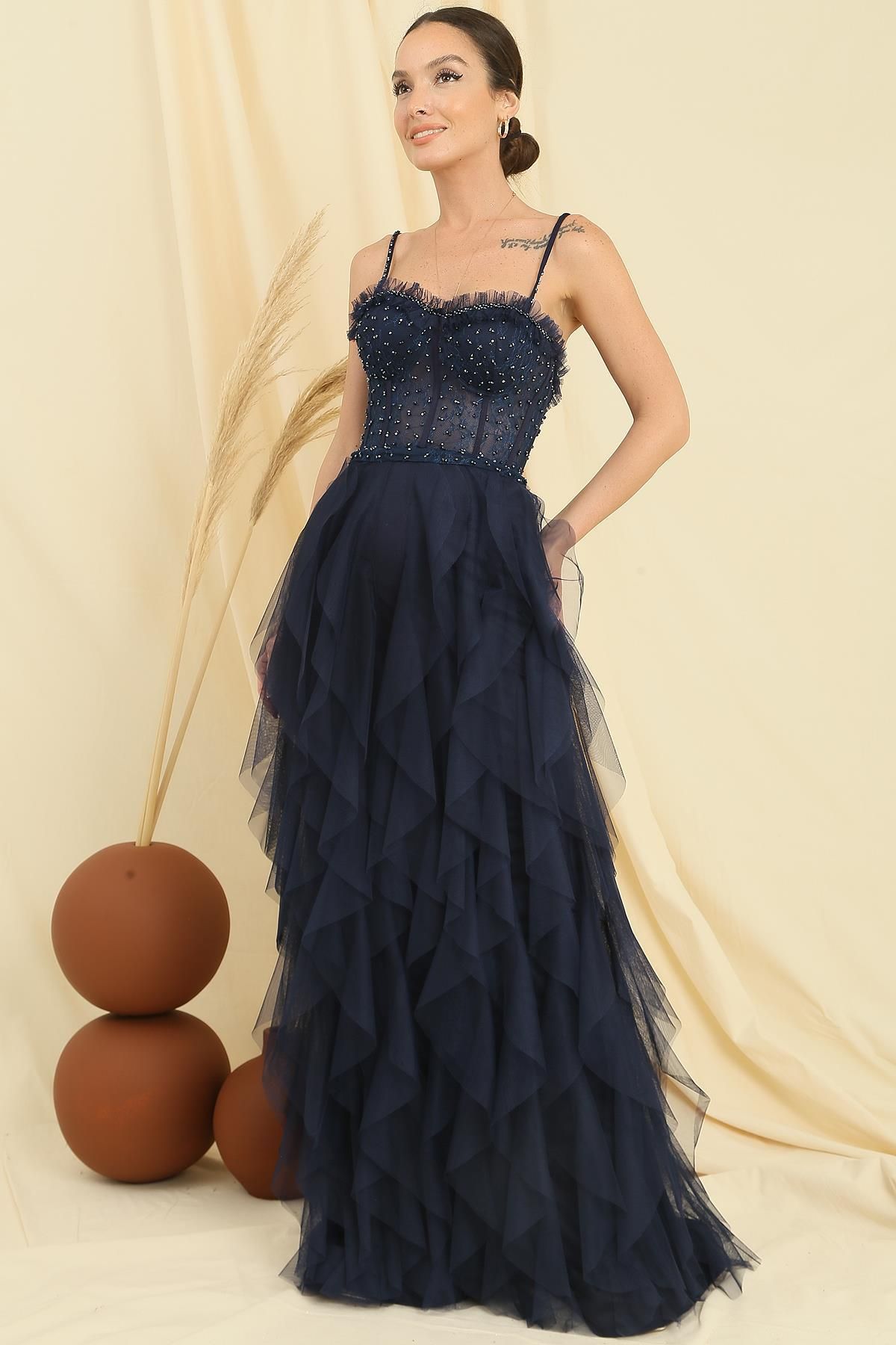 Dark blue on sale lace prom dress