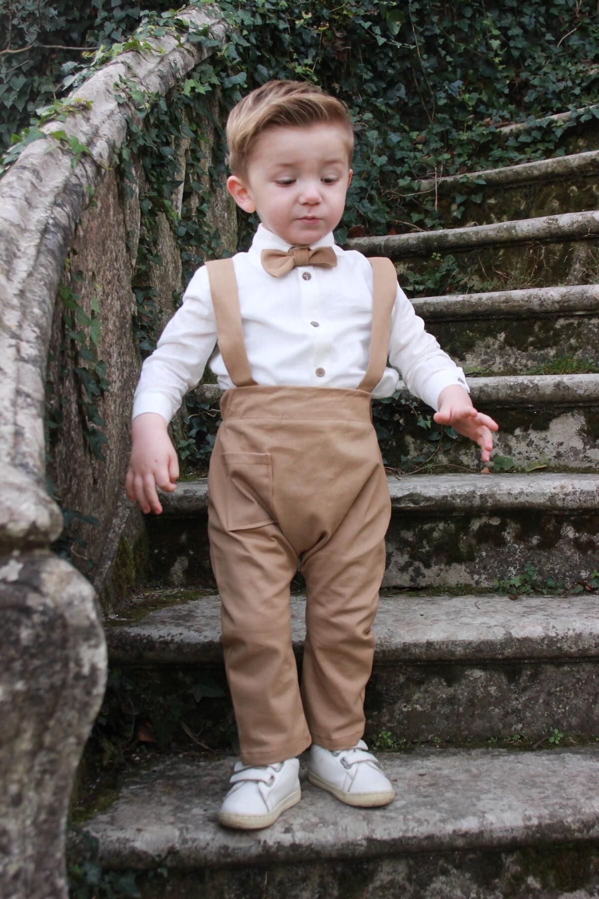 Poplinkids Keten Gömlek ve Bej Rengi Salopet Pantolon ve Papyon Takım 167