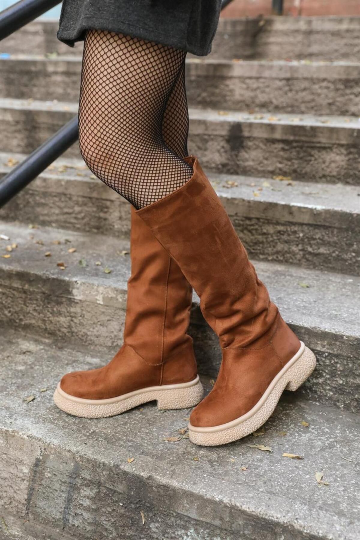 Madamra Tan Women s Suede Long Boots Trendyol