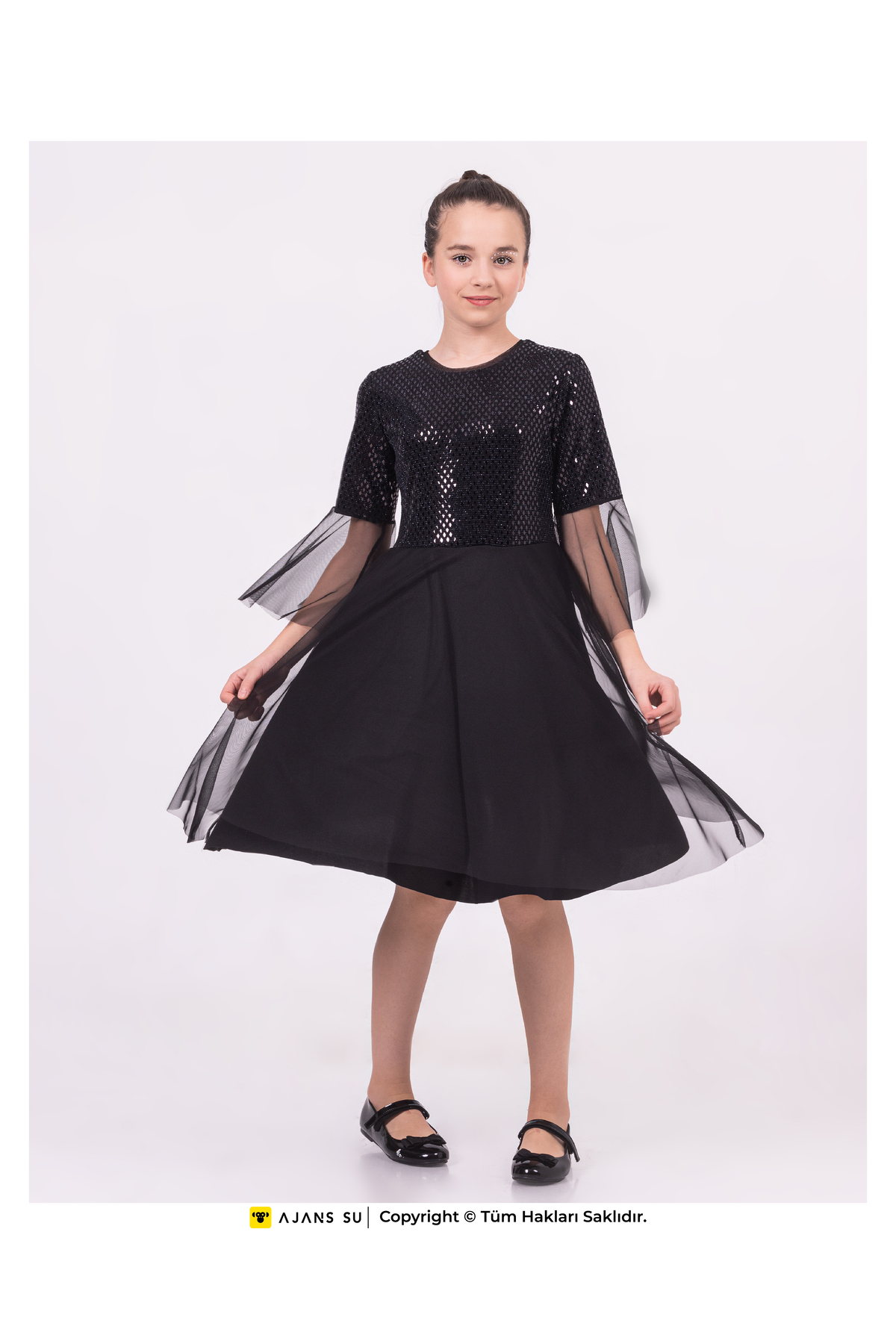 Tulle Short Sleeve Sequin Detailed Graduation and Wedding Girl Dress