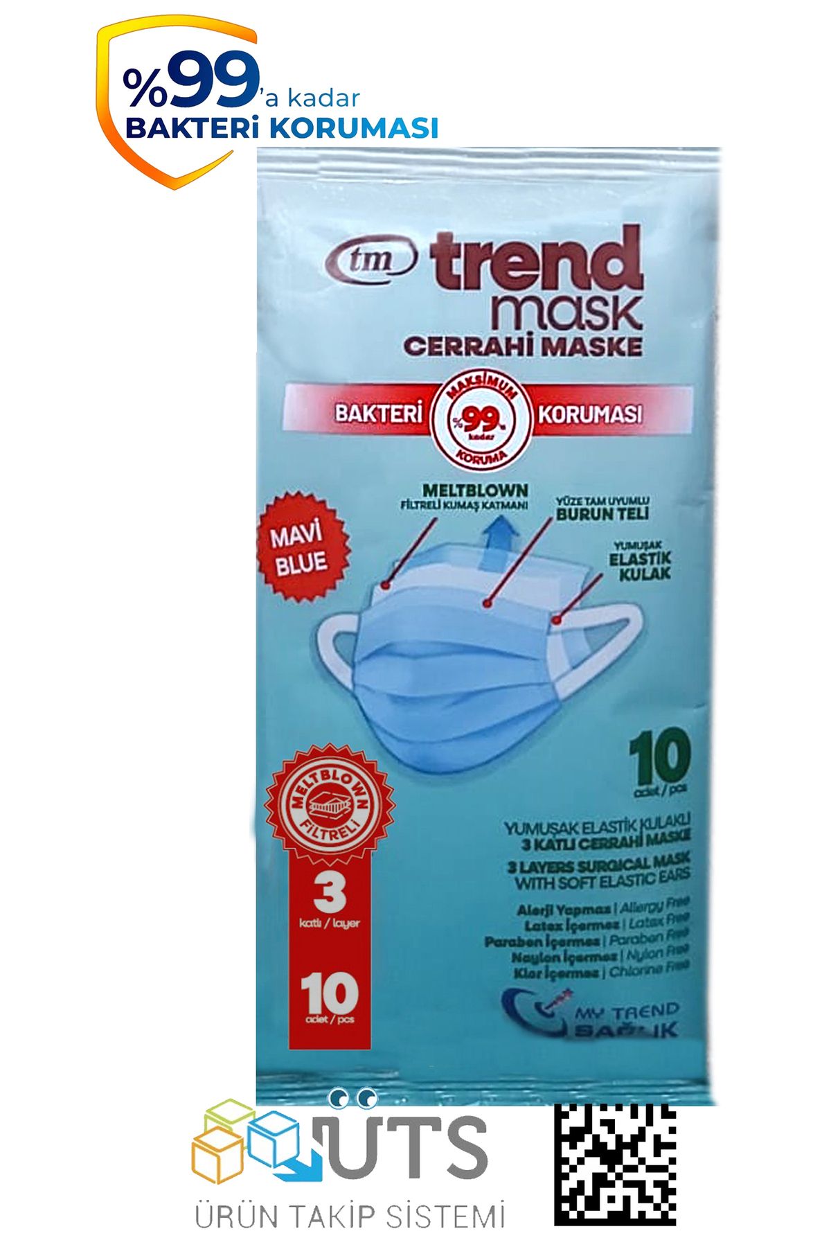 TRENDMASK Yumuşak Elastik Kulaklı Maske 10'lu 5 Paket 50 Adet (Mavi)