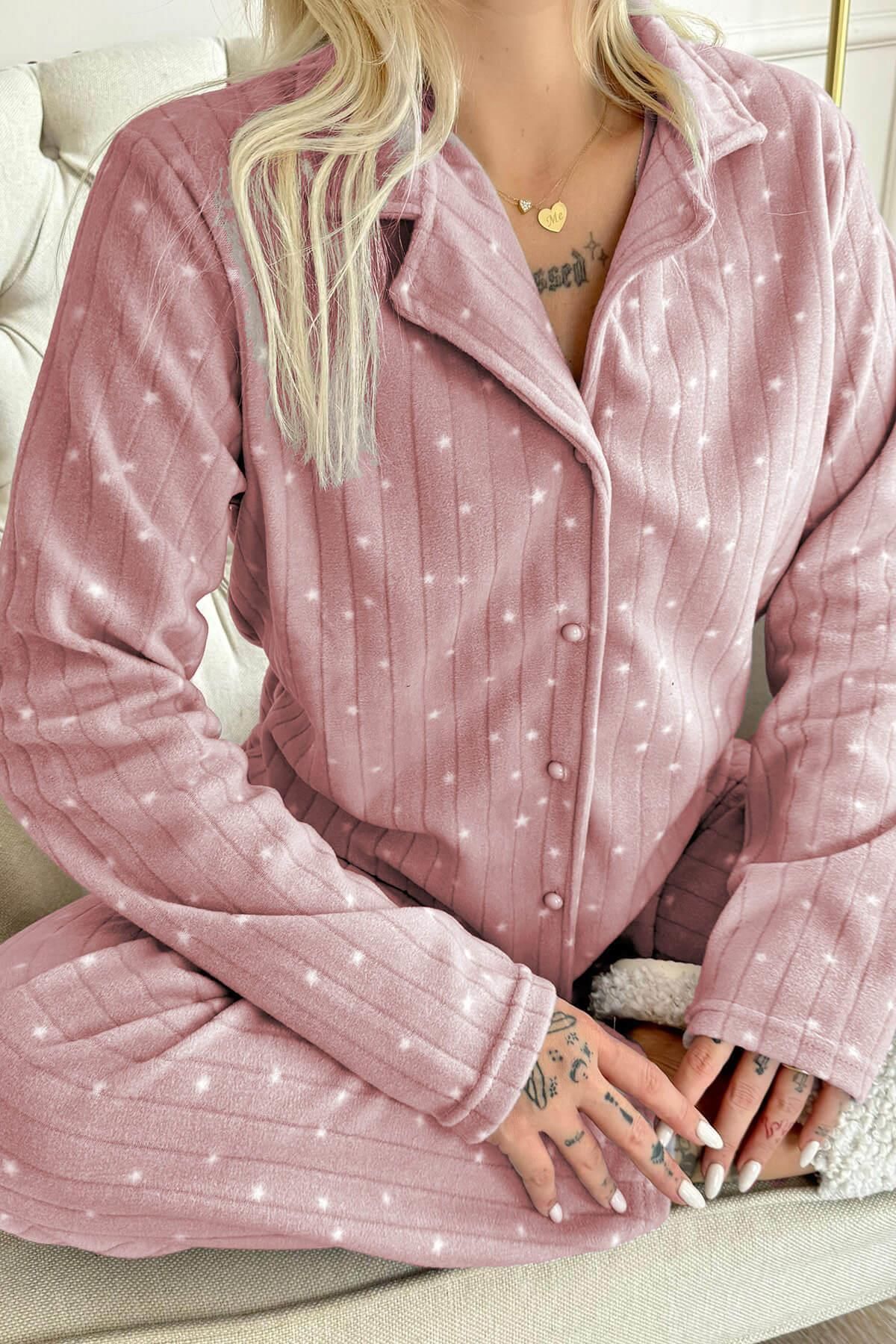 Pijamaevi-Pink Lune Patterned Front Buttoned Plush Fleece Pajama Set 5