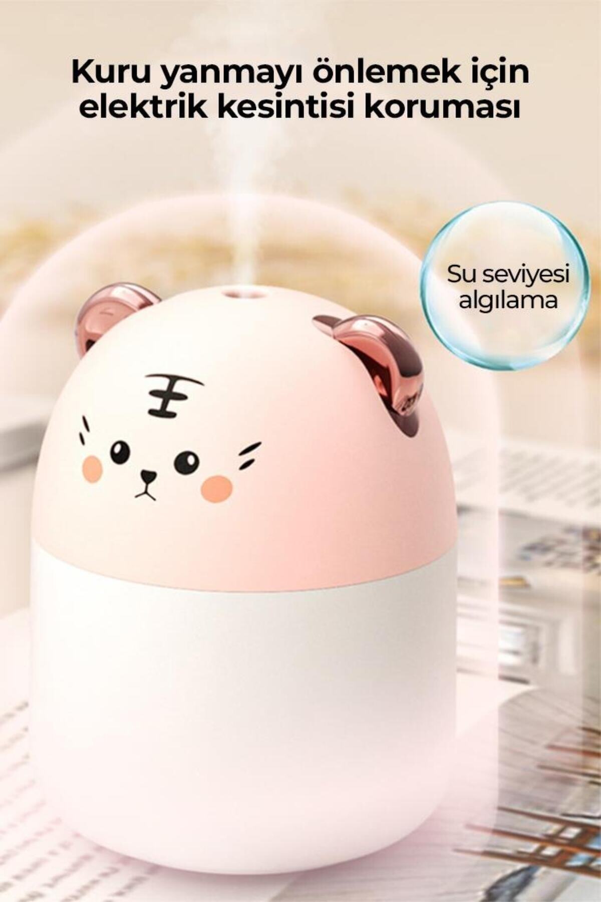 RGB Ledli Taşınabilir Hava Nemlendiricisi Kedi Tasarımlı Buhar Makinesi (Pembe) 7