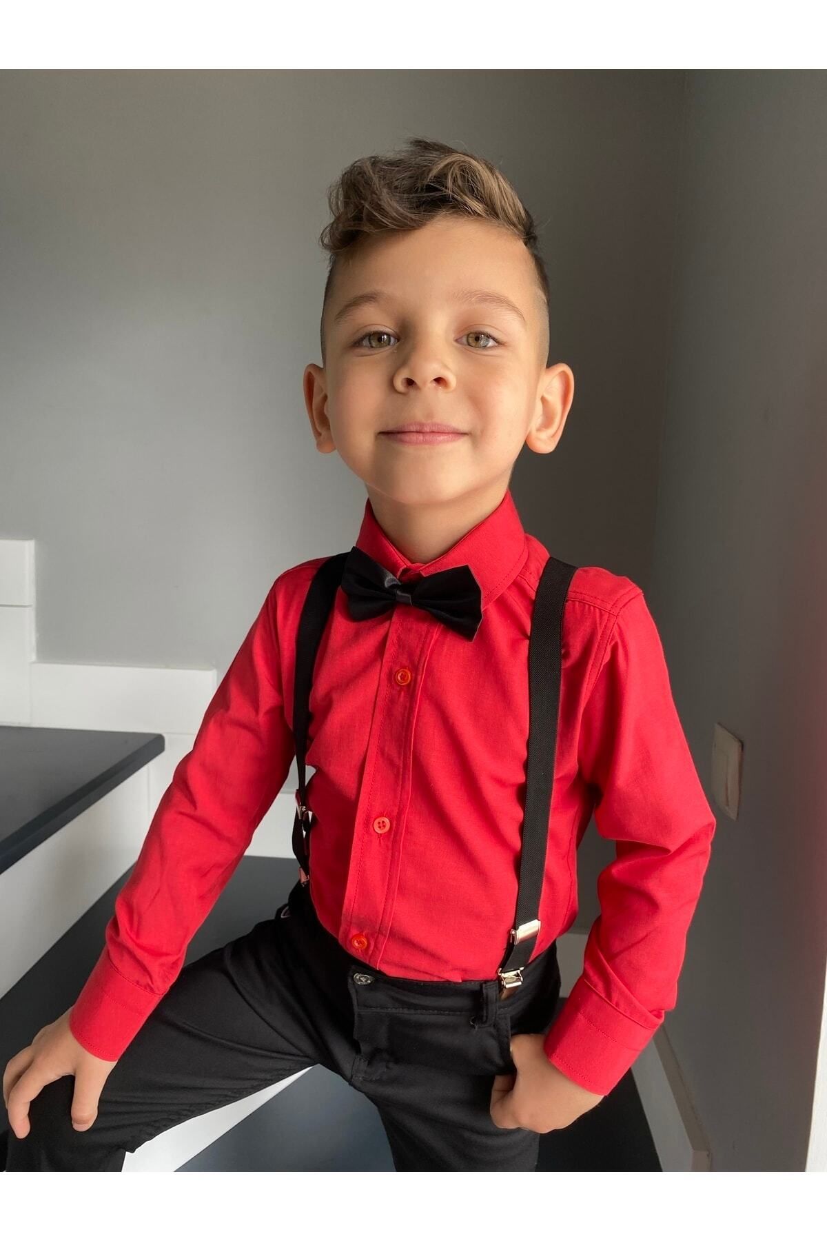 Entel-Boy's Long Sleeve Red Shirt Suspender Bow Tie Suit 3