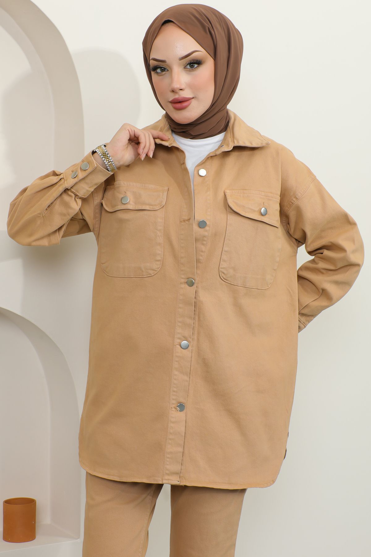 benguen-8175 Jacke Hose Hijab Doppel Jeans Set Beige 2
