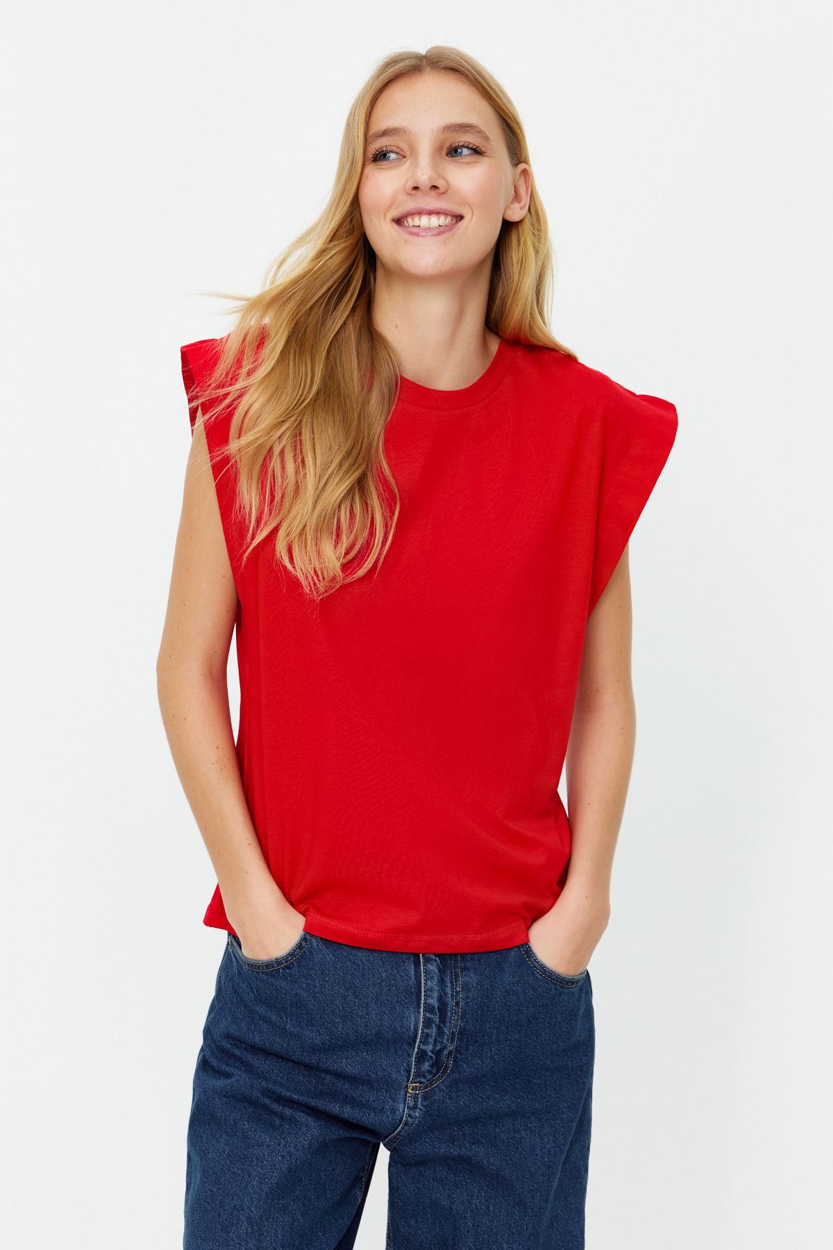 Trendyol Collection-Červené 100% bavlněné vatované tričko Základní Crew Výstřih Pletené tričko TWOSS20TS0021 3