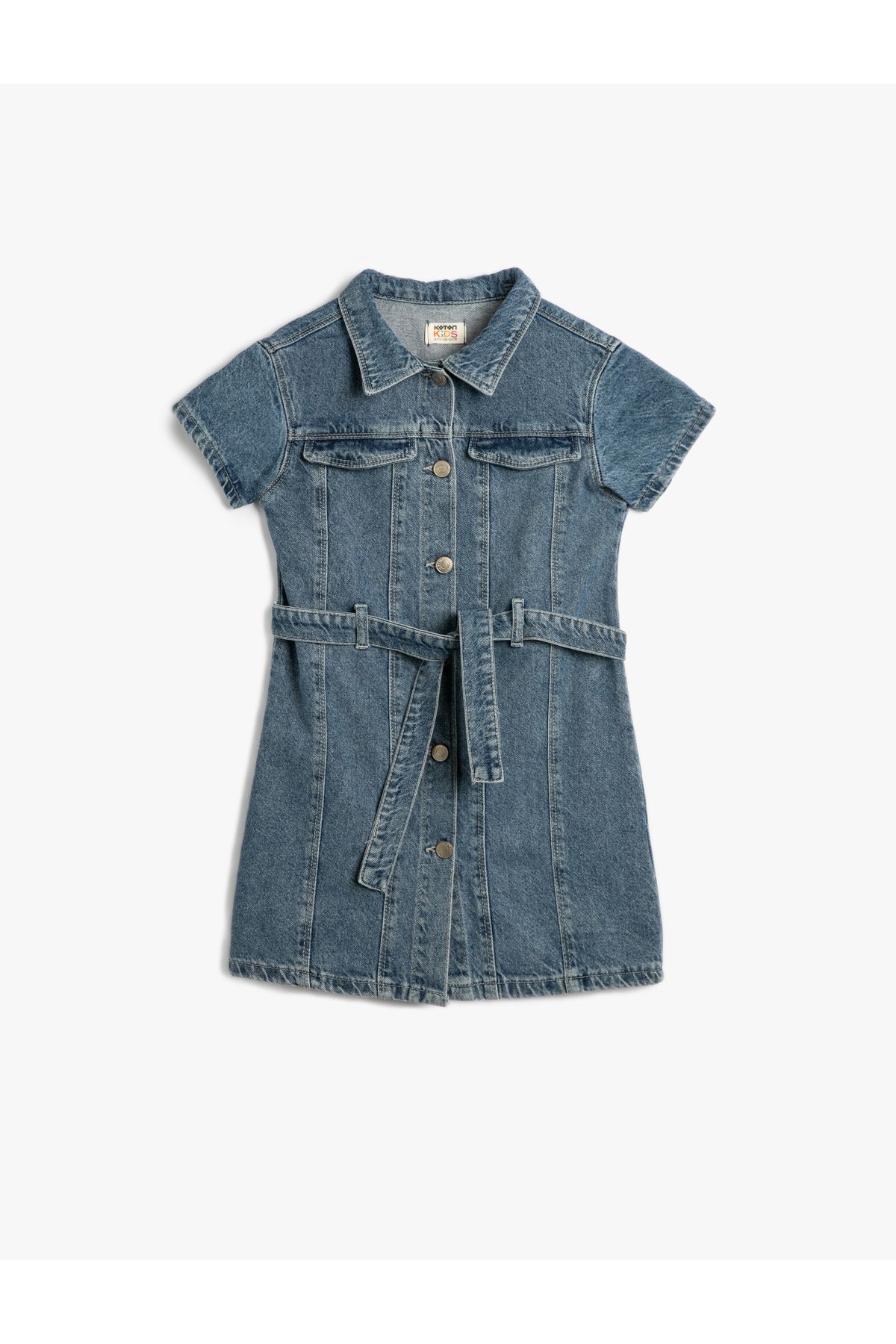 Koton Denim Dress Short Sleeve Pocket Detailed Belted Button