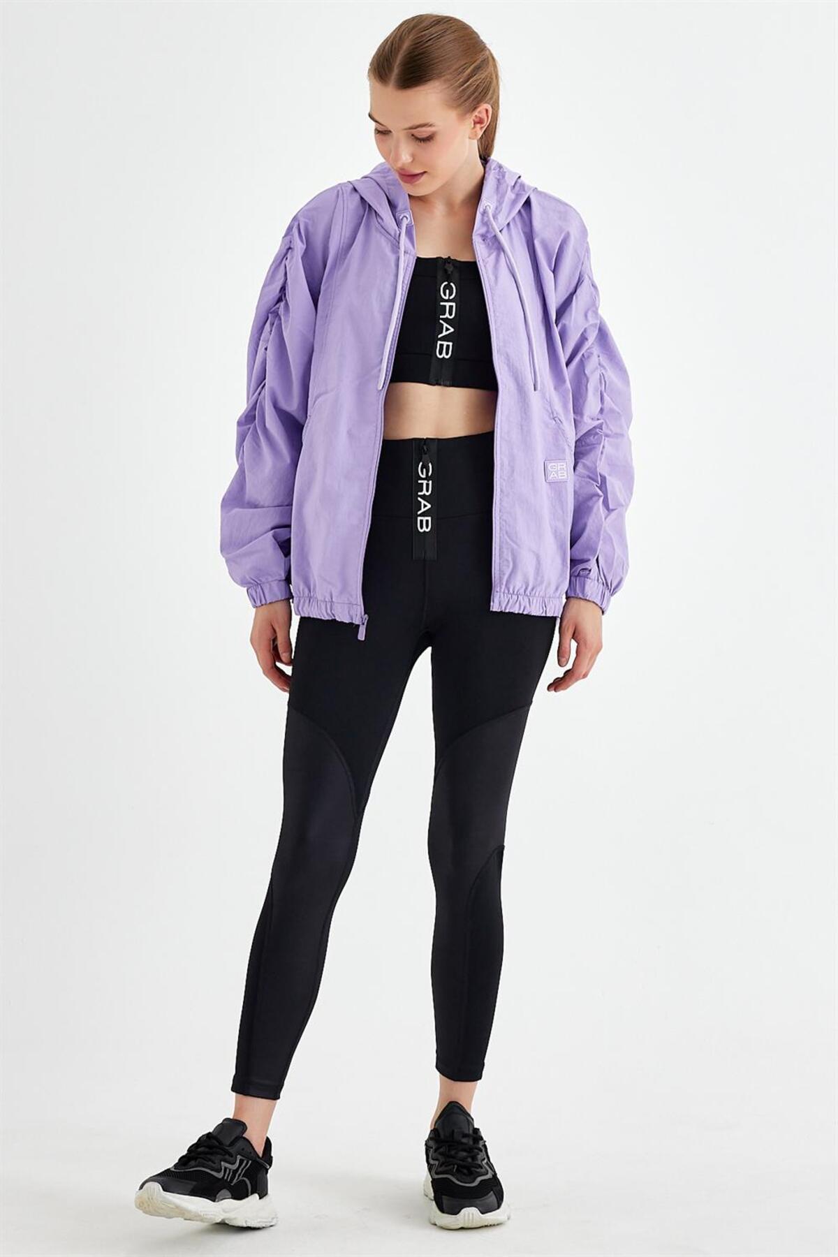 GRAB  Kadın Mor Fermuarlı ve Kapişonlu Crop Rüzgarlık Mont - Görsel 3