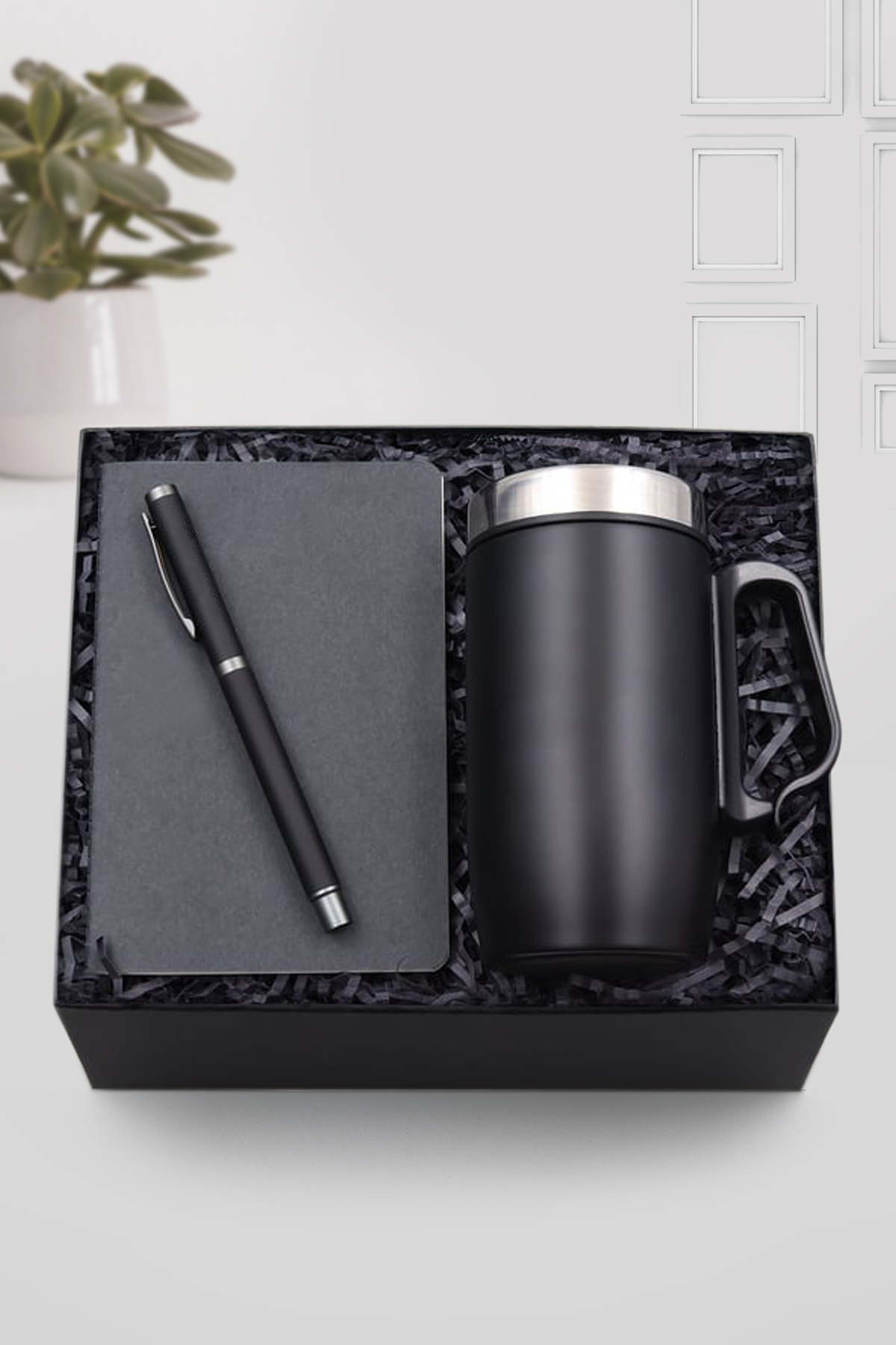 Trendmiya Siyah Mat Roller Kalem & Dikişli Mini Not Defteri & 280 ML Kulplu Siyah Çelik Termos Hediye Seti