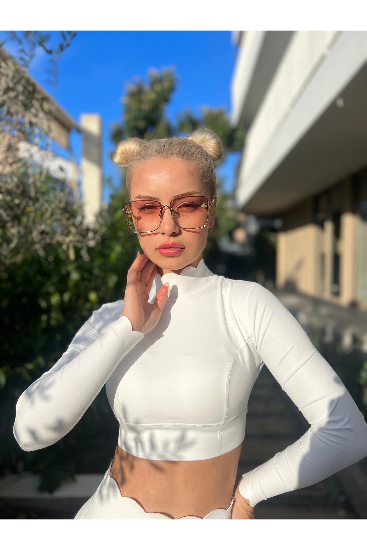 Eagle Eyes Dikdörtgen Tasarım Gold Çerçeve Pembe Cam Kadın Güneş