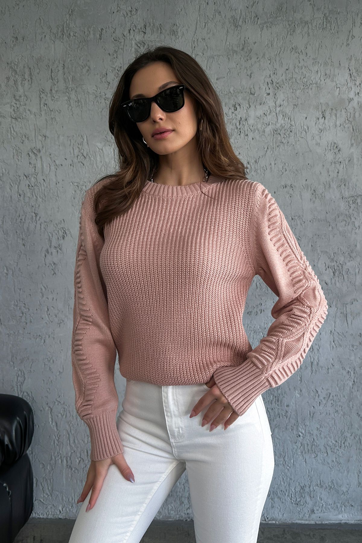 Nosia-Long Sleeve Women's Knitwear Sweater with Embossed Patterned Sleeves 4
