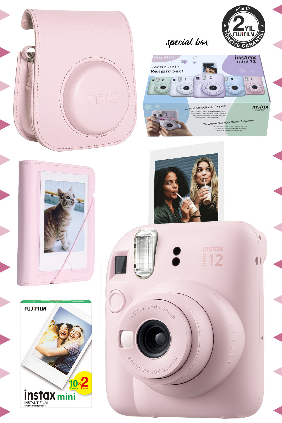 Fujifilm Instax mini 12 Pembe Fotoğraf Makinesi-20'lu Film-Mini Albüm ve Deri Kılıf Seti