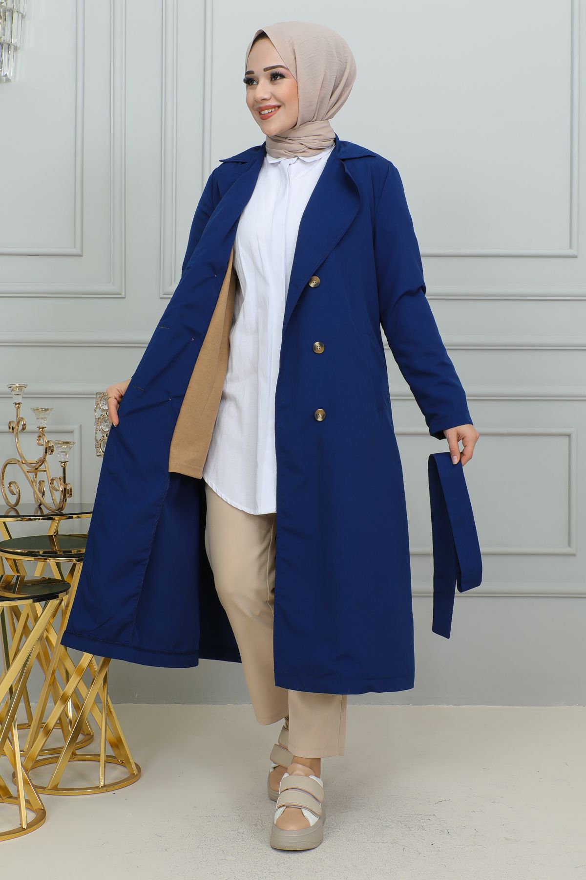 Moda Ebva Jacket Collar Buttoned Trench Coat-1904 Indigo T3507