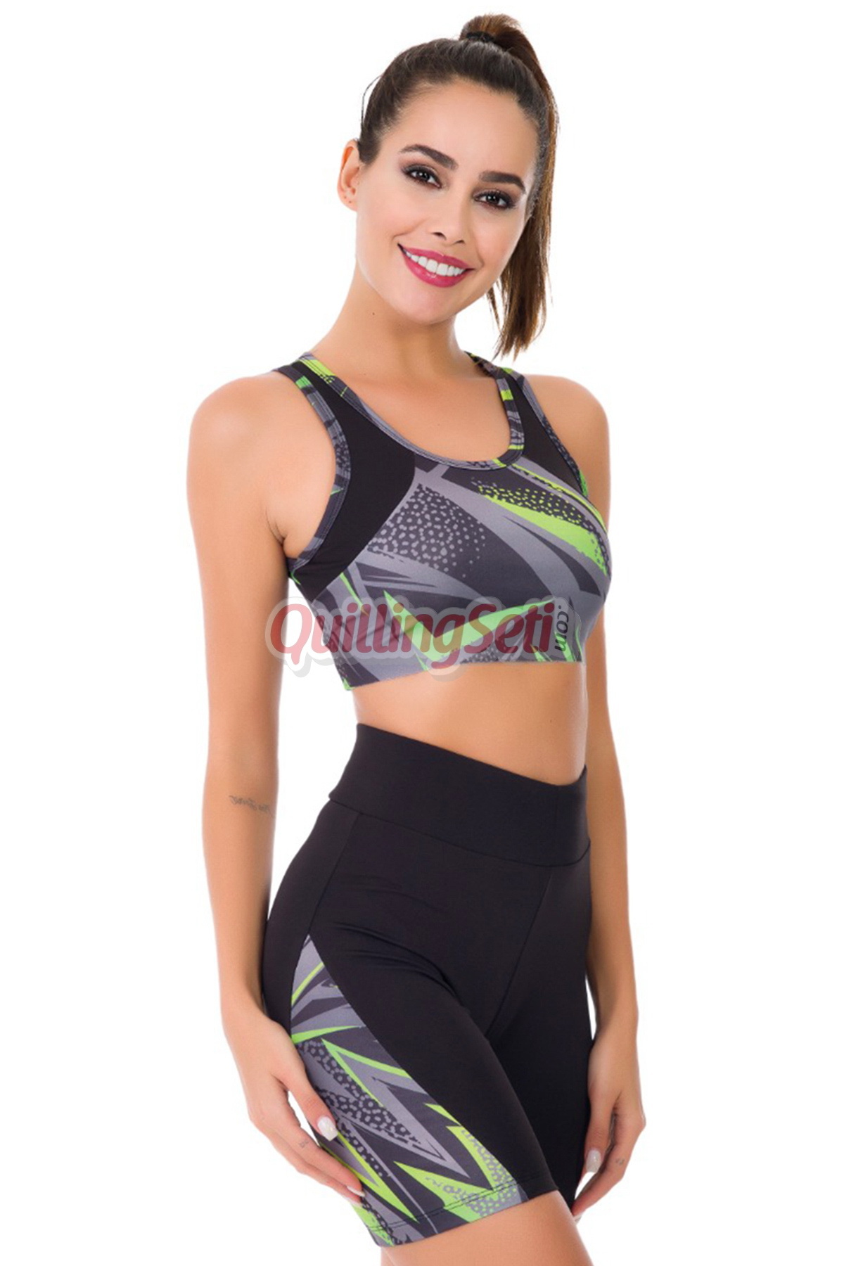 Siyah Renk ve Desenli  4014 Kadın Kısa Tayt Büstiyer Spor Takım, QS-LADY-4014-XL, Spor Giyim - Eşofman Takımı, QS-LADY-4014-M