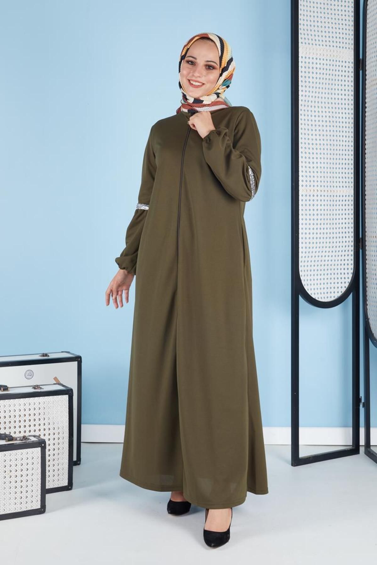 Moda Ebva Balloon Sleeve Glitter Detail Abaya-3088 Khakigreen T3026