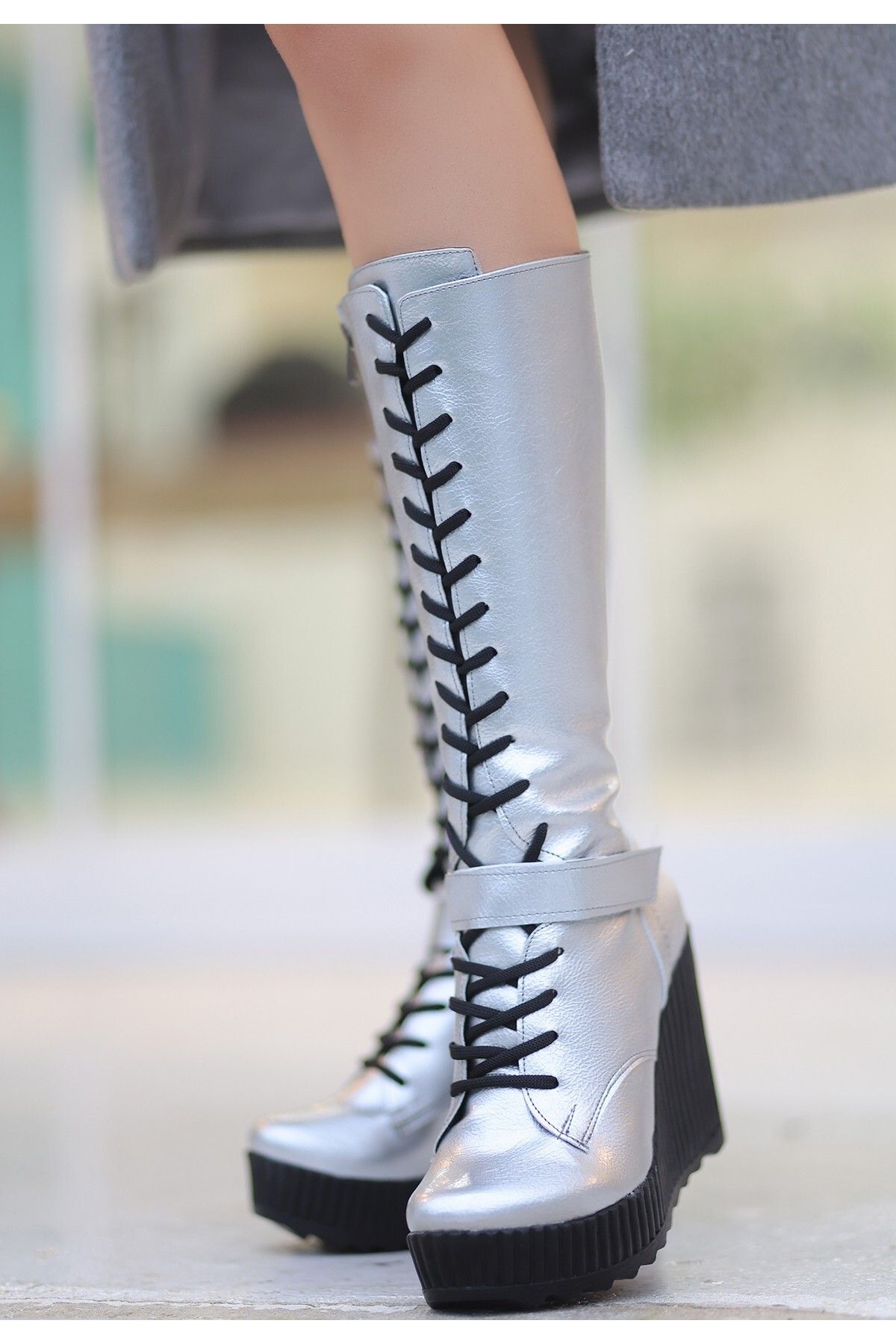 Silver wedge boots sales