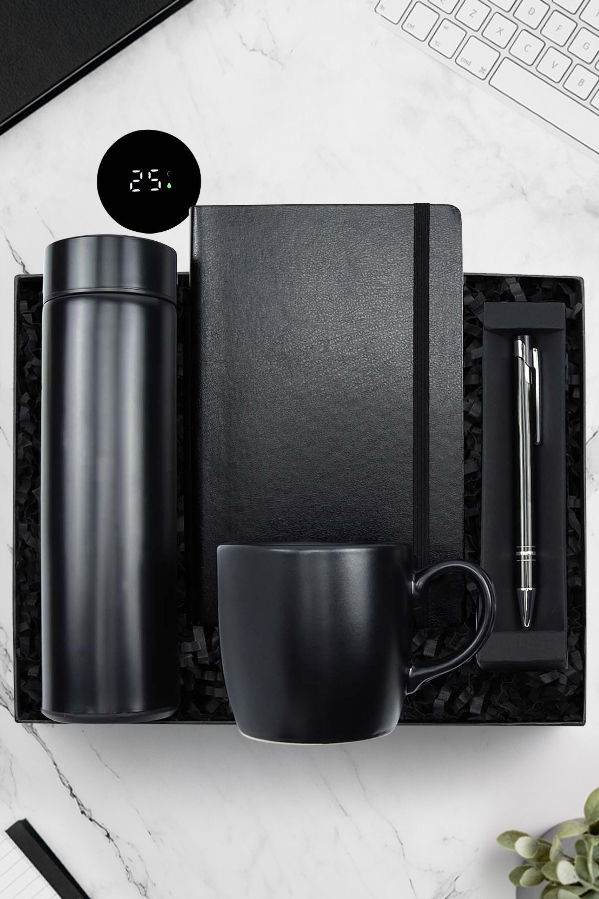 Trendmiya 500 ML Dereceli Termos & Siyah Defter & Siyah Kupa & Siyah Tükenmez Kalem Hediye Seti