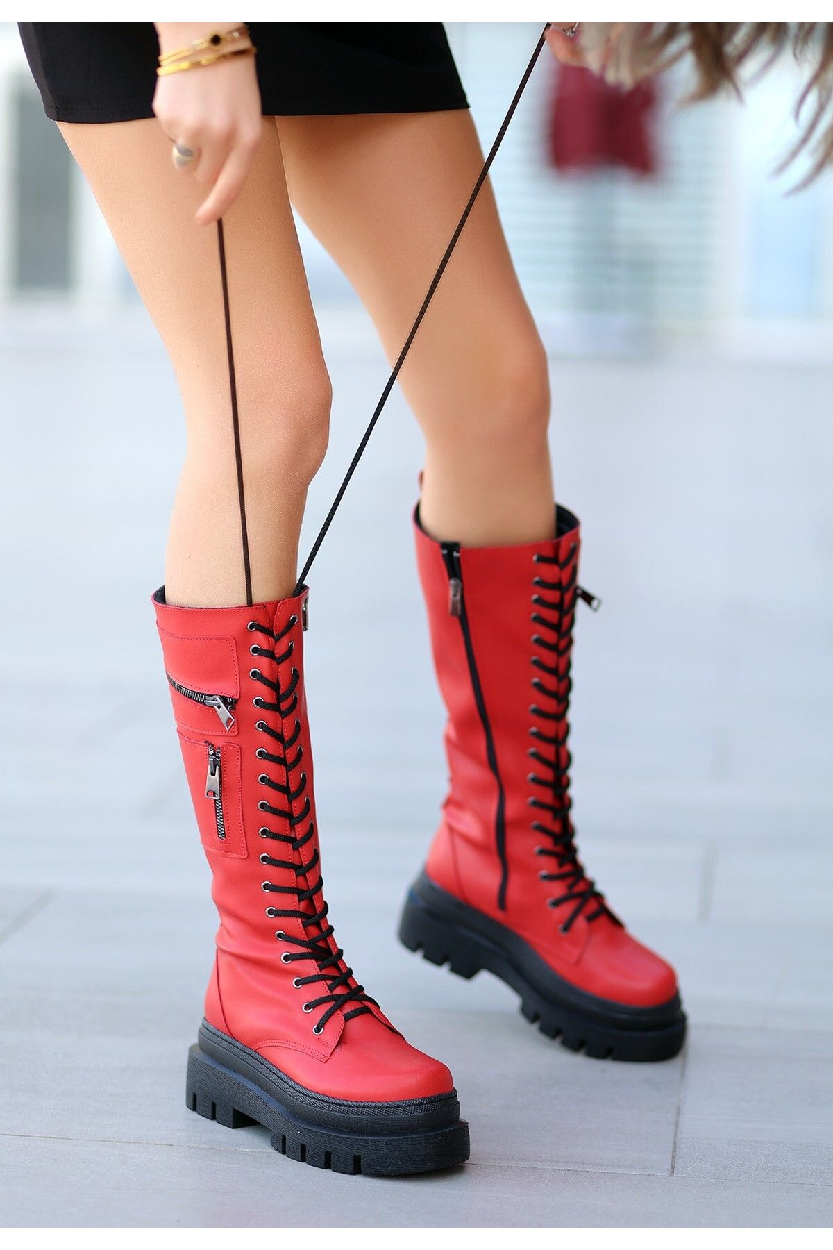 Red knee high combat boots 2025