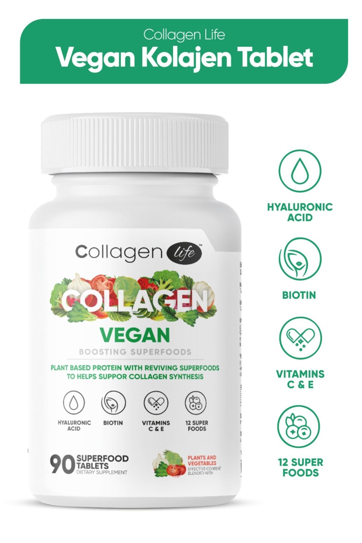 Collagen Life Веганская поддержка коллагена с биотином, гиалуроновой кислотой и протеиновым порошком растительного происхождения, 90 таблеток TYCFE5KT5N169651764878068