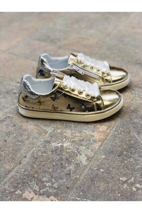Kız Çocuk Gold Kelebek Baskılı Saten Bağcıklı Casual Ayakkabı 3809