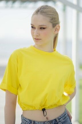 Kadın %100 Pamuk Örme Oversize Sarı Crop T-shirt TES00113