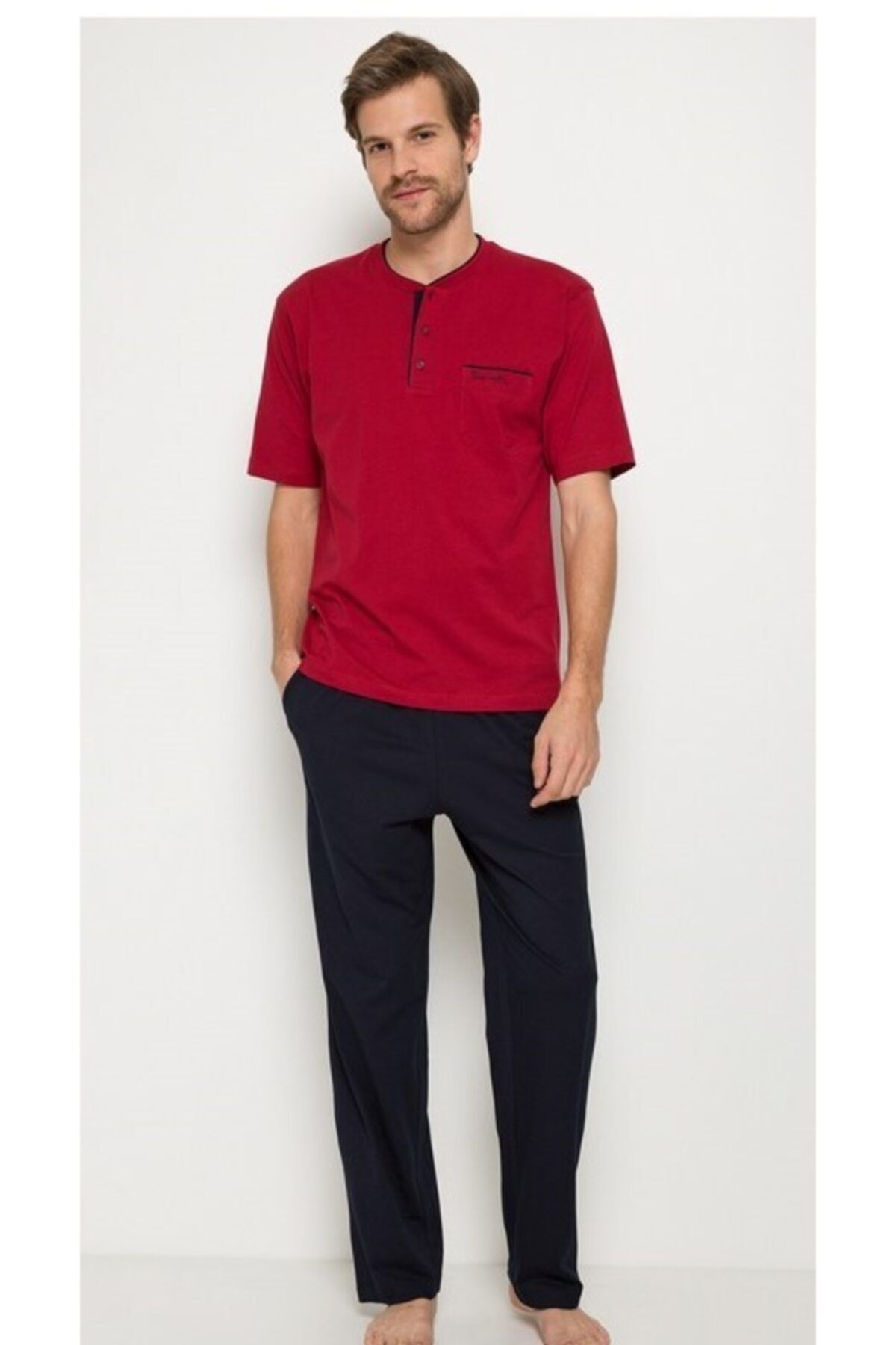 ست پیژامه قرمز مردانه لباس خواب Claret Red 3 تیکه + بوکسور ورزشکار سفید 5370 150 Pierre Cardin