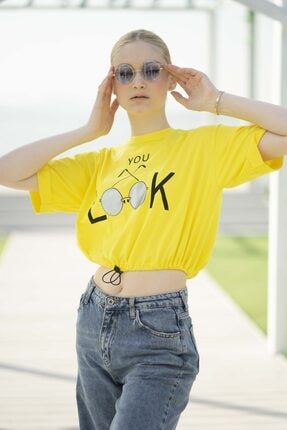 Kadın Sarı Pamuk Örme Baskılı Oversıze Crop T-shirt TES00112