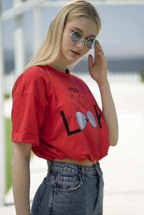 Kadın %100 Pamuk Örme Baskılı Oversıze Kırmızı Crop T-shirt TES00112