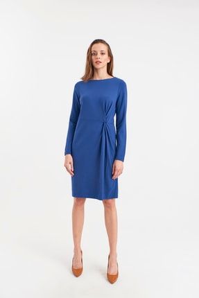 Kadın Mavi Uzun Kollu Düğümlü Örme Elbise HN2664
