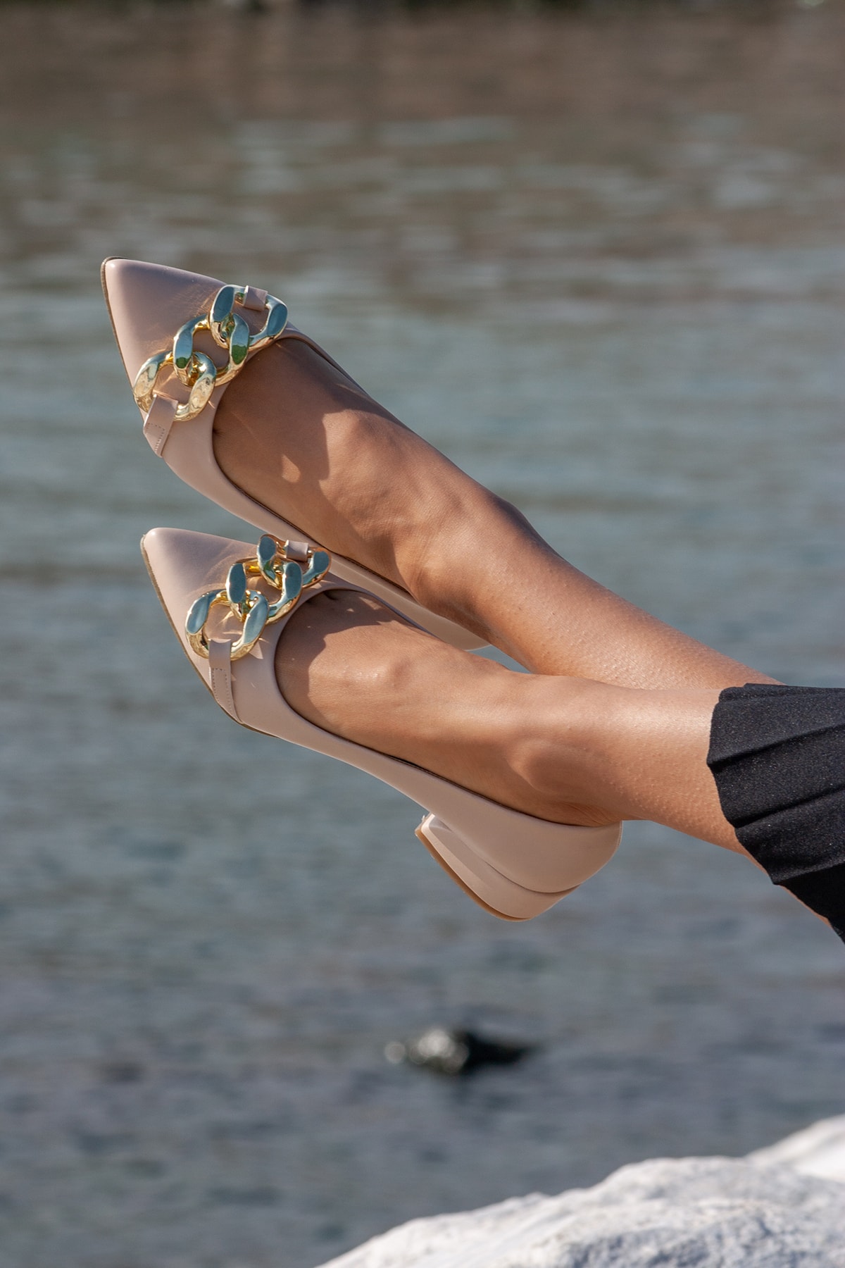 FORS SHOES Kadın Bej Cilt Zincir Tokalı Topuklu Ayakkabı 3.5 Cm