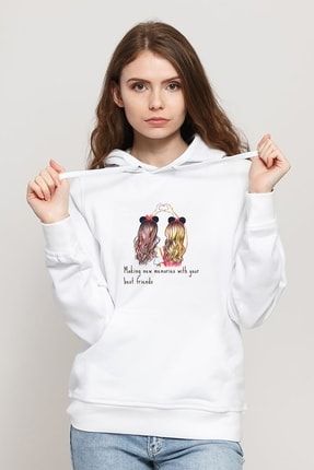 Best Friend Heart Baskılı Beyaz Kadın Örme Kapşonlu Sweatshirt Uzun Kol BGA1700-KDNKP