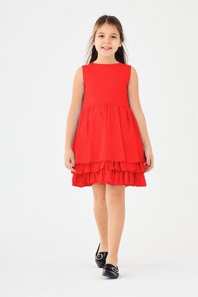 Kız Çocuk Etek Ucu Fırfırlı Kuşaklı Kırmızı Kısa Kollu Pamuklu Yazlık Elbise KVC935