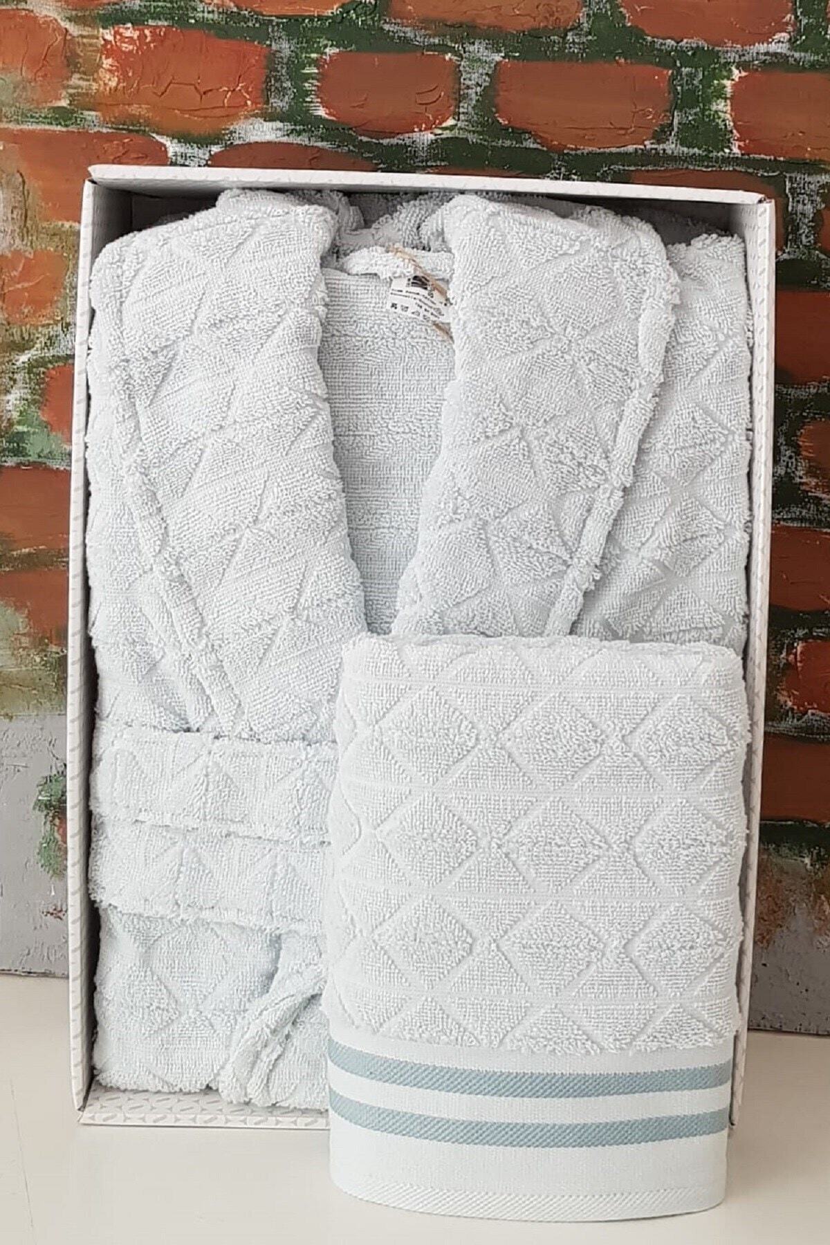  ست حوله حمام یقه شالی نعنایی + حوله سر - سایز L