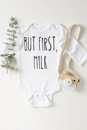 Unisex Çocuk Beyaz But First Milk Önce Süt Çıtçıtlı Body 1232obb