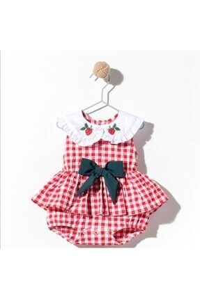 Ekose Desenli Kırmızı Kız Bebek Elbisesi MS-177