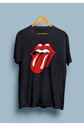 Kadın Siyah The Rolling Stones Müzik Dudak Tasarım Baskılı T-Shirt KRG0623