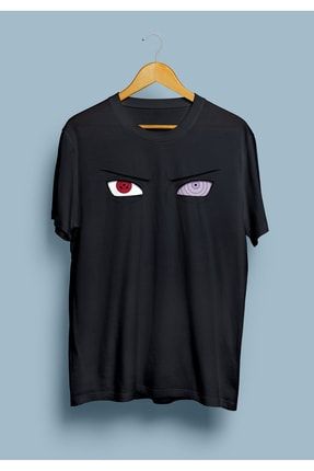 Unisex Siyah Naruto Sharingan Rinnegan Göz Logo Tasarım Baskılı Oversize Tişört KRG0651