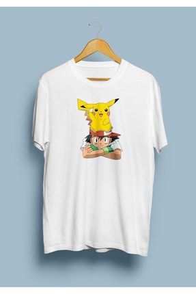Unisex Beyaz Pikachu ve Ash Pokemon Tasarım Baskılı T-Shirt KRG0731