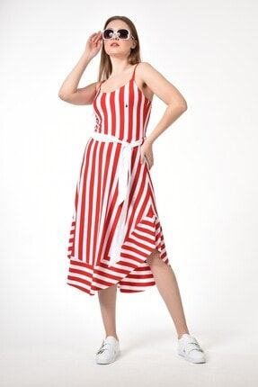 Kadın Ip Askılı Kırmızı Beyaz Çizgili Tulum Kumaş Marin Elbise 249