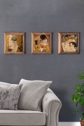 Masif (ahşap) Çerçeveli 3'lü Set Taş Pano Gustav Klimt Eserler Tablo 28x28 cm 3PRMT-40-0275