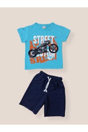 Çocuk Mavi Motosiklet Desenli Yazlık Takım motosklt001