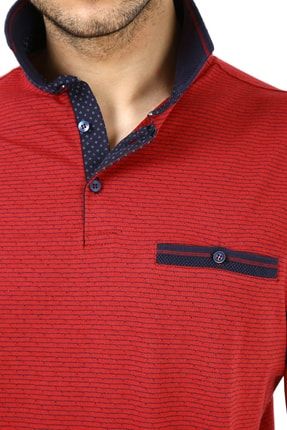 Erkek Kırmızı Polo Yakalı Cepli Pamuklu T-shirt V Polo Yaka Tişört POLO YAKA CEPLİ TİŞÖRT