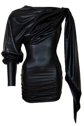 Kadın Siyah Deri Büzgülü Tek Kol Elbise 5189
