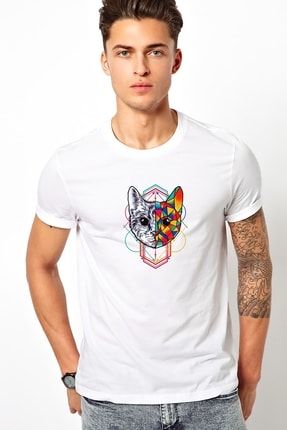 Geometric Art Animal Baskılı Beyaz Erkek Örme Tshirt T-shirt Tişört T Shirt BGA1962ERKTS