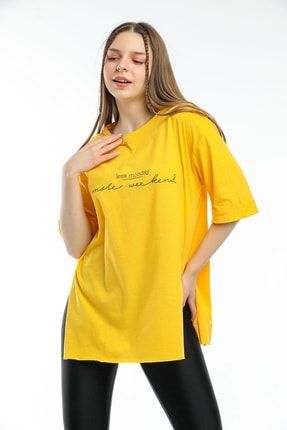 Kadın Sarı Less Monday Baskılı Oversize T-shirt 1029