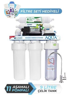 Aqua 11 Aşama 9 L Çelik Tanklı Pompalı Filtre Seti Hediyeli Su Arıtma Cihazı-205 HND000205
